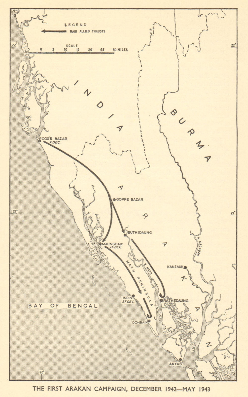 1st Arakan Campaign, December 1942-May 1943. World War 2. Burma Myanmar 1954 map